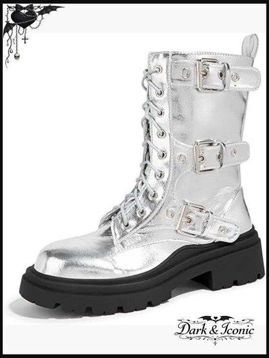 Shoes - Women's Chunky Combat Boots Platform Ankle Booties Side Zipper Buckles